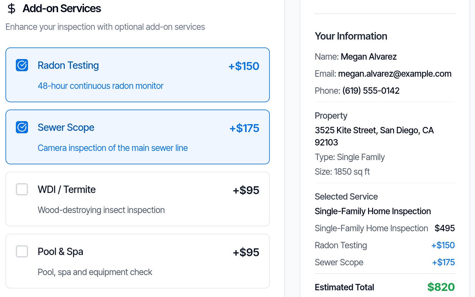 Online booking: the client adds radon testing and a sewer scope and sees the price of each and the total
