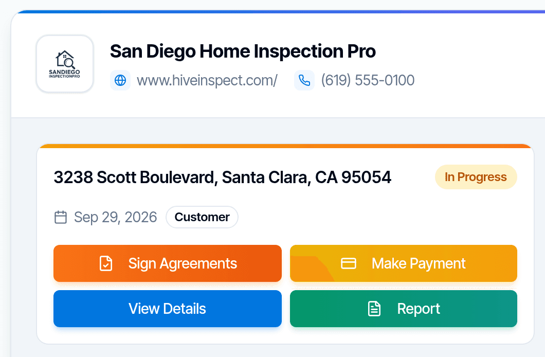 The client portal: each inspection with buttons to sign the agreement, pay, see the details and open the report