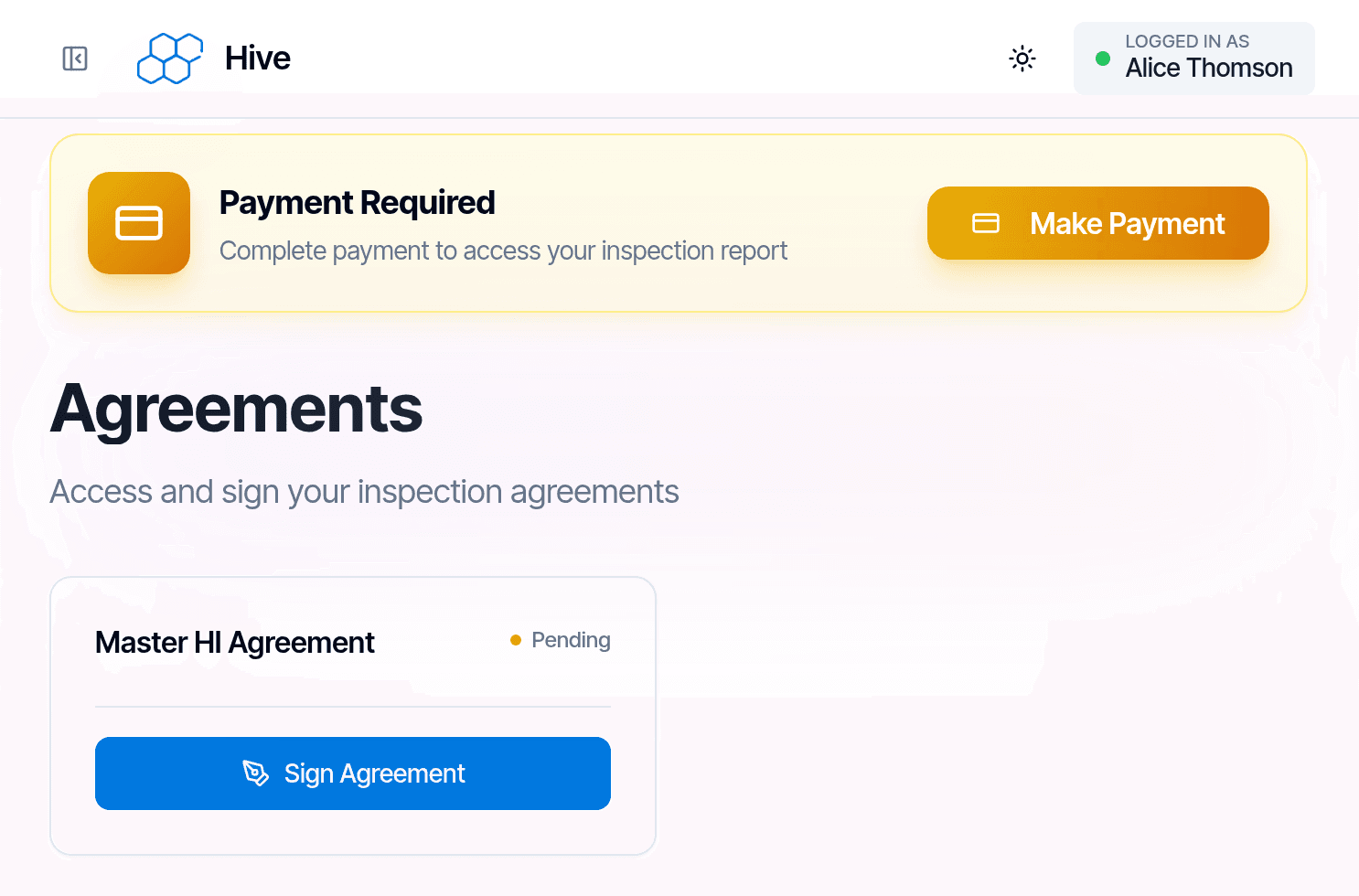 What the client sees until they pay and sign: a "Payment required to access your inspection report" banner with a Make Payment button, and the agreement waiting for their signature