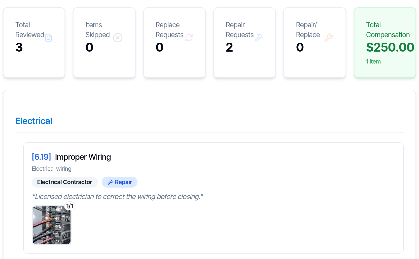 A repair addendum built from report defects, with repair requests and a credit
