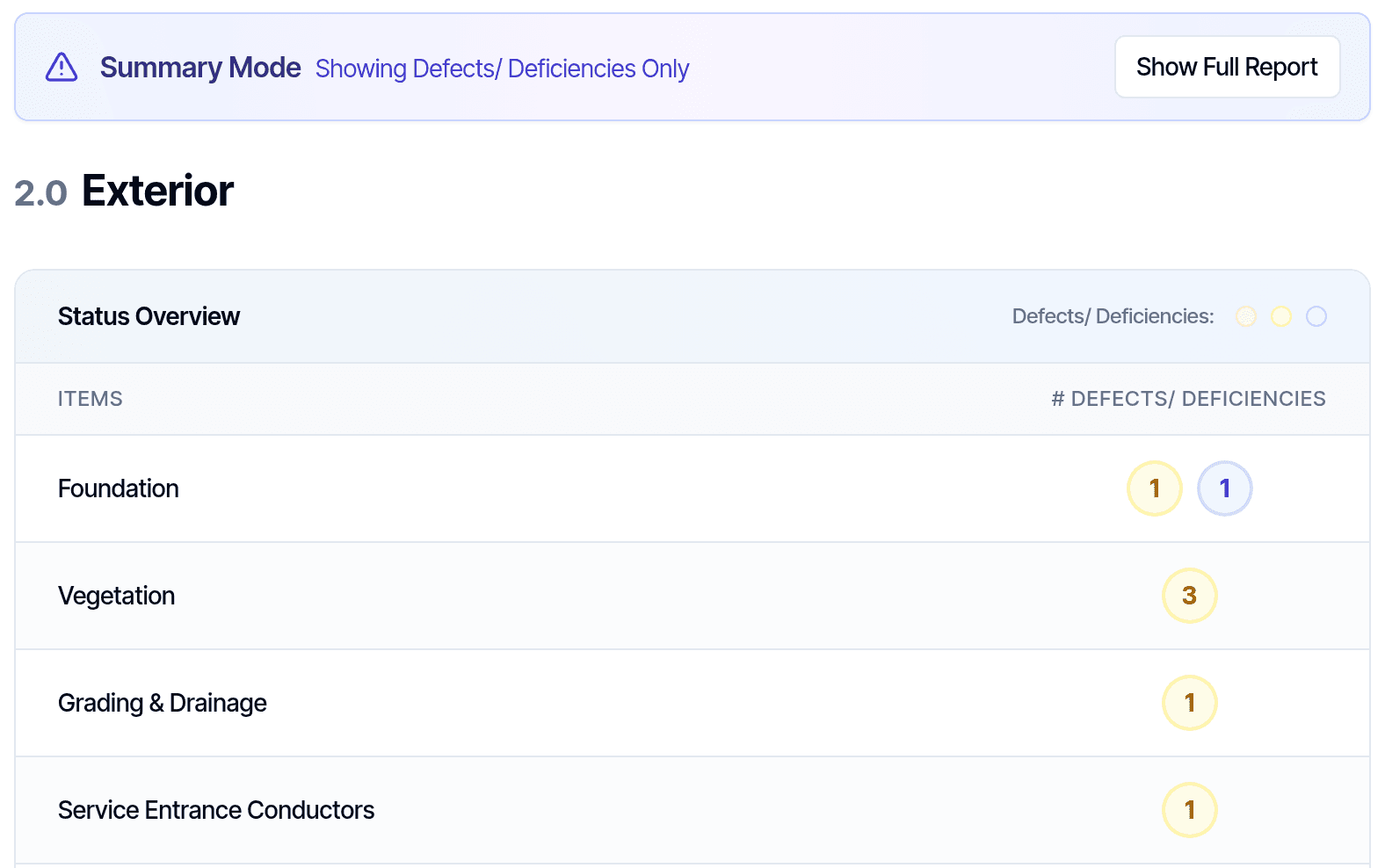 The report in summary mode, showing defects only, with the number of defects for each item in a section