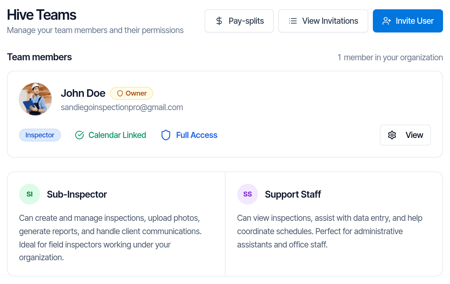Hive Teams: each member with their role and access, and what the Sub-Inspector and Support Staff roles can do