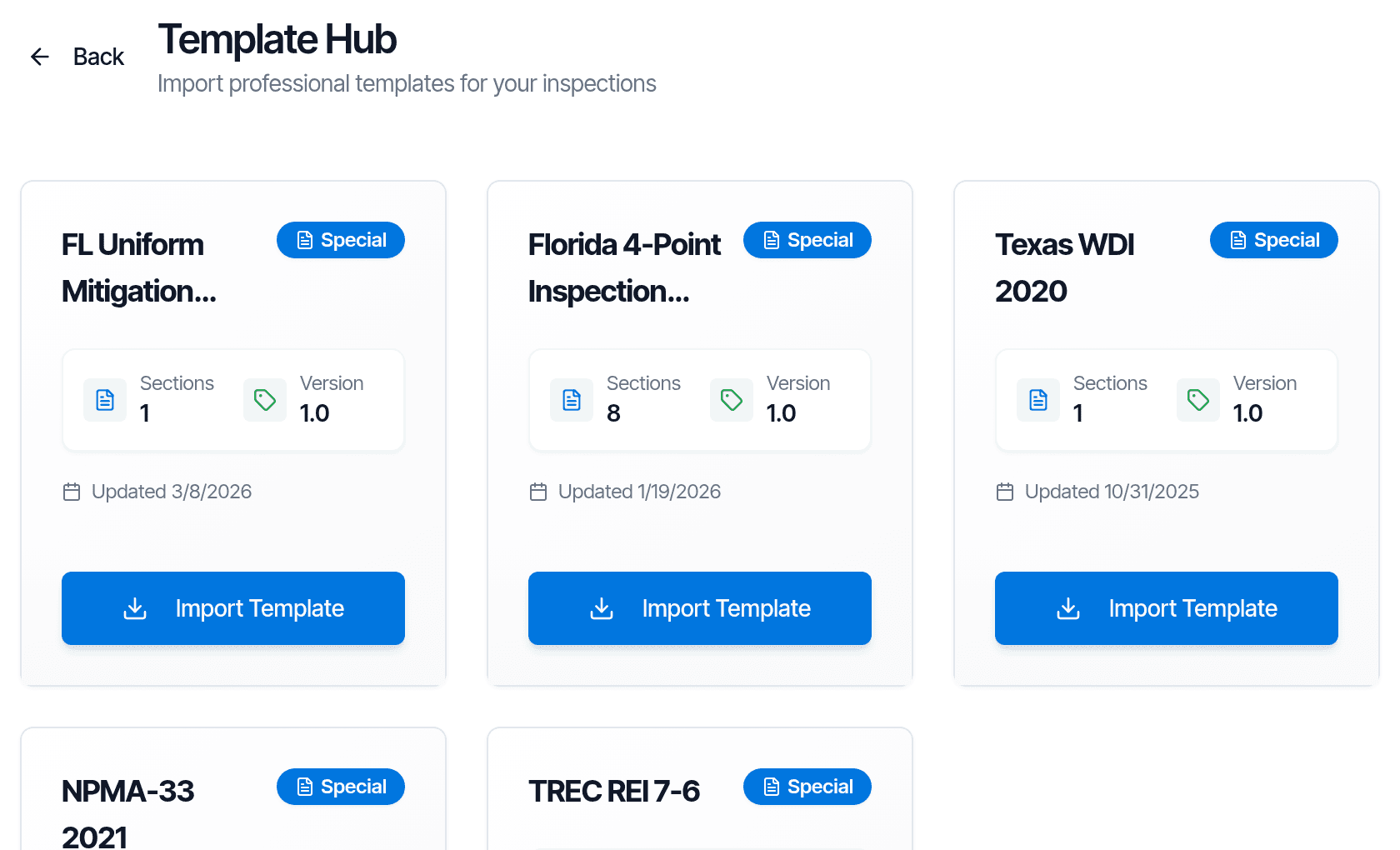 The Template Hub showing state forms ready to import: Florida wind mitigation and 4-point, Texas WDI, NPMA-33 and TREC REI 7-6