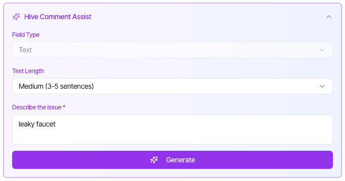 Hive Comment Assist: describe the issue in a few words, pick a length and generate the comment