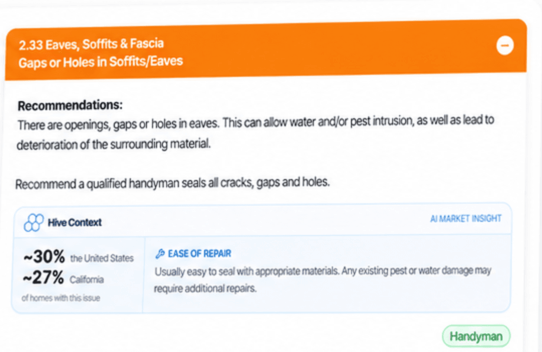 A report defect with a Hive Context box showing how common the issue is nationally and in the state, and what the repair usually involves
