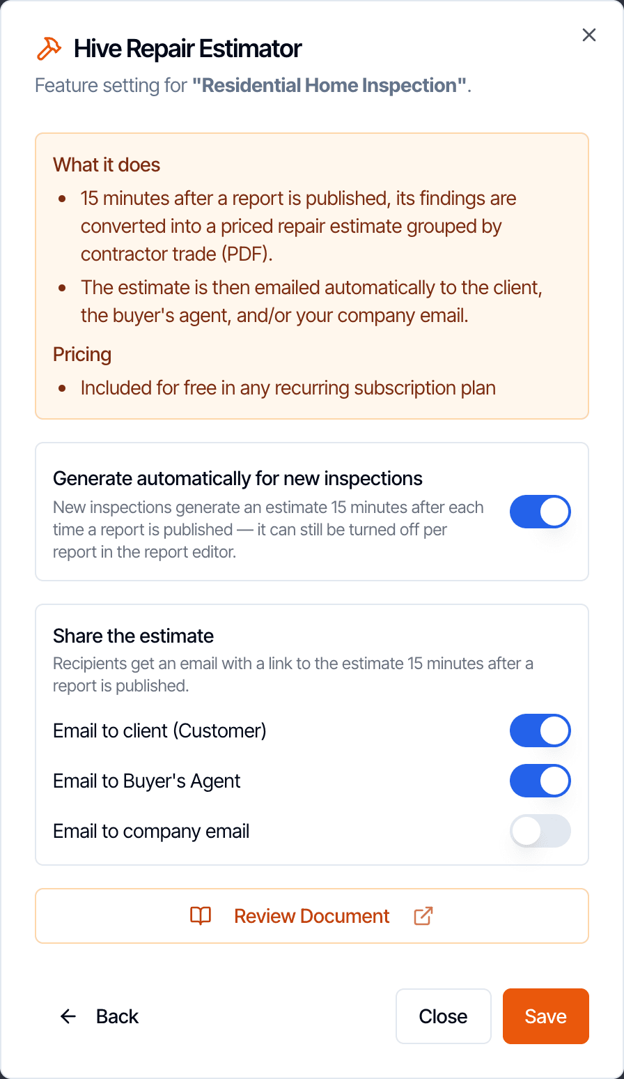 The Hive Repair Estimator settings for a template, with Generate automatically for new inspections switched on, and Email to client and Email to Buyer’s Agent switched on under Share the estimate